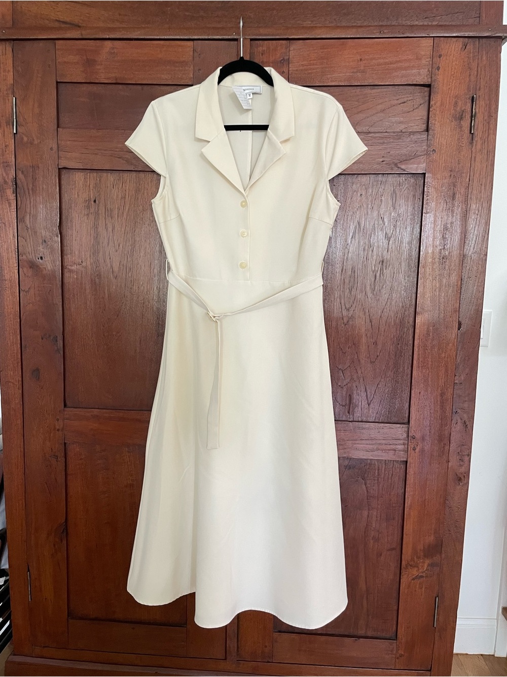 RIHOAS Cream Button-Front Midi Dress with Tie Belt